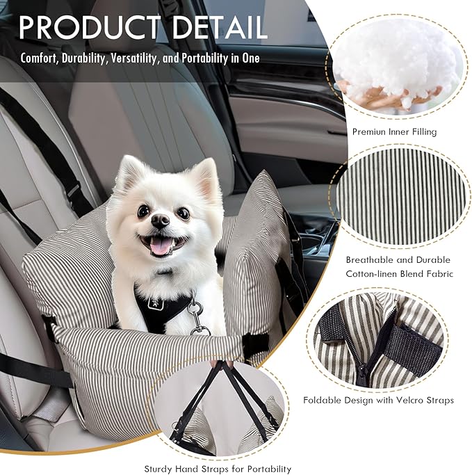 Dog Car Seats for Small Dogs, Puppy Car Seat Under 15 lbs, Small Dog Bed for Travel, Elevated Pet Seat with Safety Belt, Non-Slip Base, and Storage Pockets