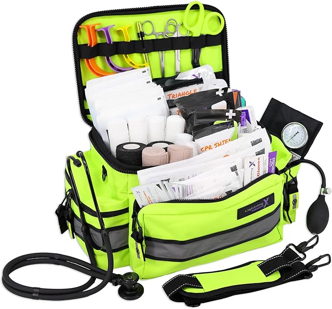 Lightning X Mid-Sized First Responder EMT Bag | LXMB25 | Fully Stocked w/ 240+ First Aid, EMS & Trauma Supplies - Fluorescent Yellow