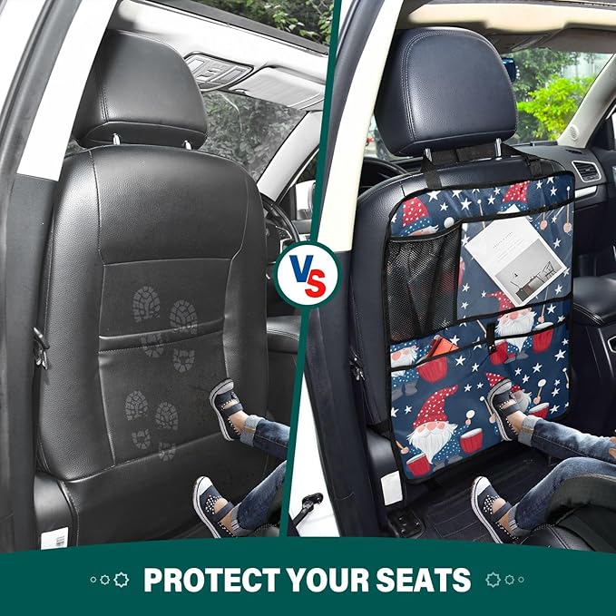 July 4th Gnomes Drum Dark Blue 2 Pack Backseat Car Organizer with Storage Pockets Seat Back Organizers for Kids Kick Mats Backseat Protector Automotive