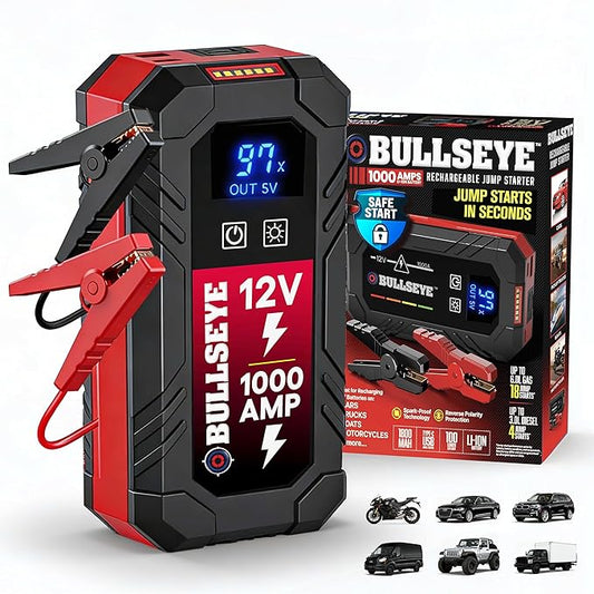 Bullseye Safety XL 1000A Car Battery Jump Starter Box with Jumper Cables, 12V Car Jump Starter Portable Booster for 6.0L Gas and 3.0L Diesel Engines, 2250 mAh Rechargeable, Reverse Polarity Protection