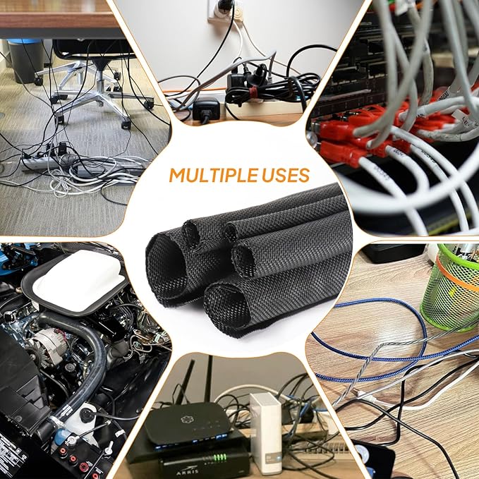 Self-Closing Split Braided Cable Organizer,Curly Cord Protector for Car High Temp Harness Sleeve/Computer Desk Audio Wire Covers (Black 1/2"-22ft)