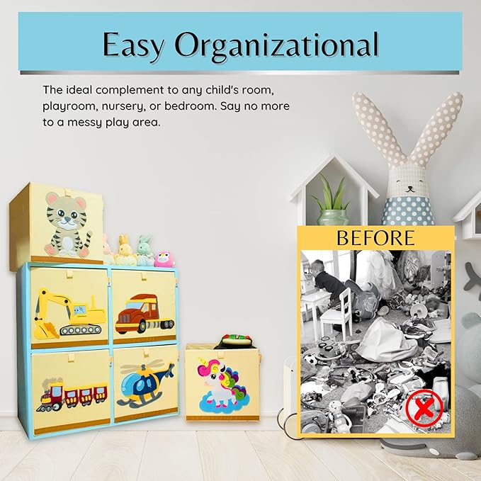 Washable Toy Box Storage Cube, Canvas Toy Chest Organizer Foldable Kids Toy Storage Organizers for Child's Bedroom or Playroom -13x13x13 Inch (Train)