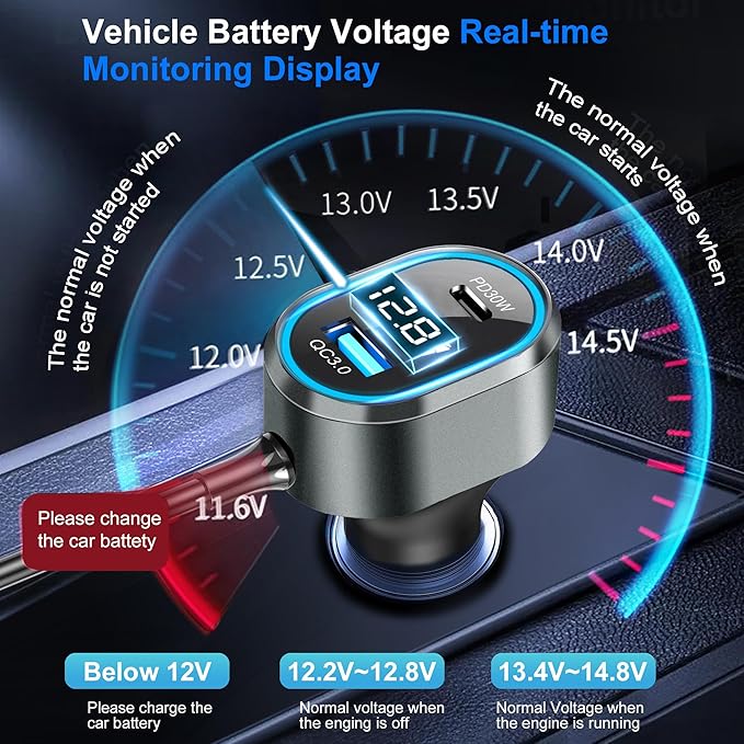 8 in 1 Cigarette Lighter Splitter, 264W 4 Socket Cigarette Lighter Adapter,Type-C QC3.0 PD 30W Charging, Heavy Duty Truck Car USB Chager Multi Plug Outlet 12V/24V Independent Switches, LED Voltmeter