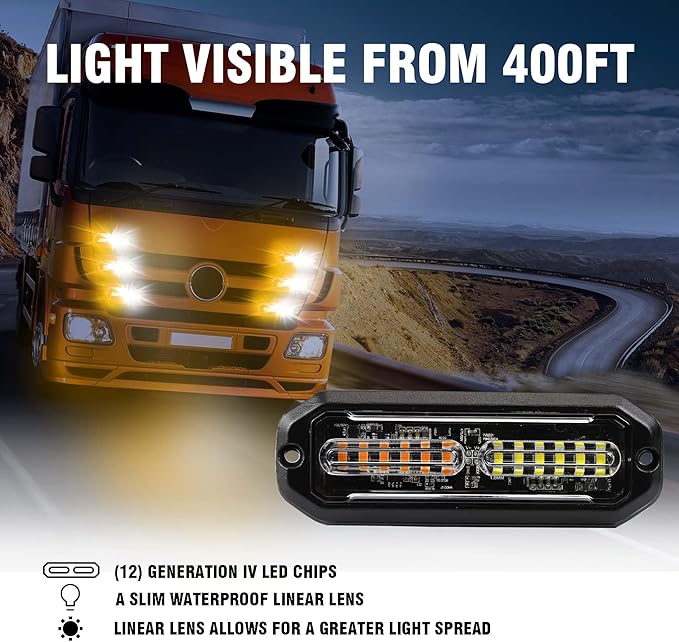 WINECO 8PCS LED Strobe Lights 12V Sync Feature Amber White 12LED Emergency Hazard Warning Lights with Strobe Controller for Trucks Vehicles ATV RV Cars Van