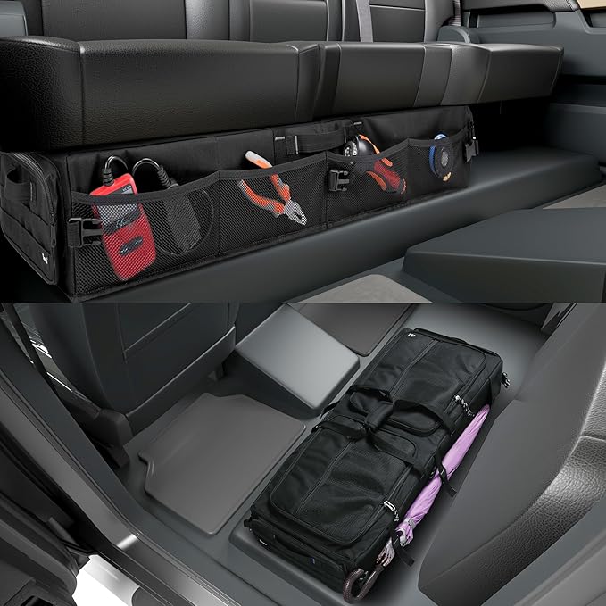 Under Seat Storage Bag Fit for SuperCrew Cab, Collapsible Truck UnderSeat Organizer with 3 Detachable Inner Dividers & Anti-slip Bottom Fit for Crew Cab(Full Size Trucks) (Large)