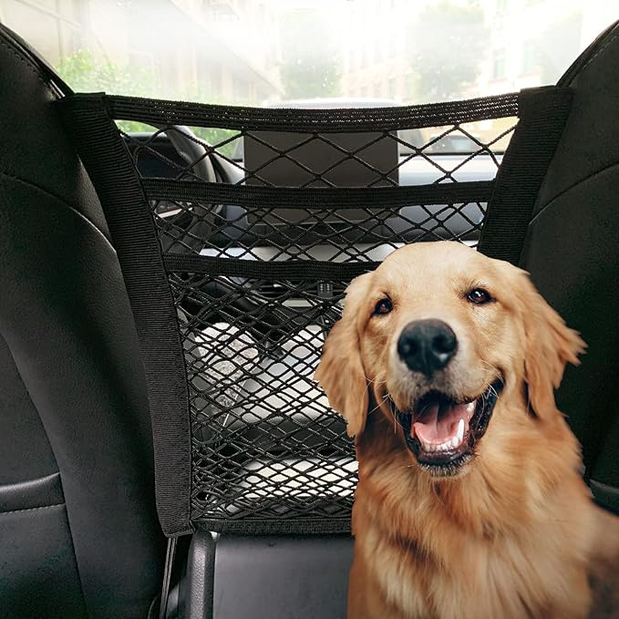 DoL Car Dog Net Barrier. Pet Mesh Barrier with Storage Bag for Water Bottles,DVDs. Stretchable Organizer Bag for Jeep,Off-Road,Pickup SUV. Barrier of Backseat Pet Kids.