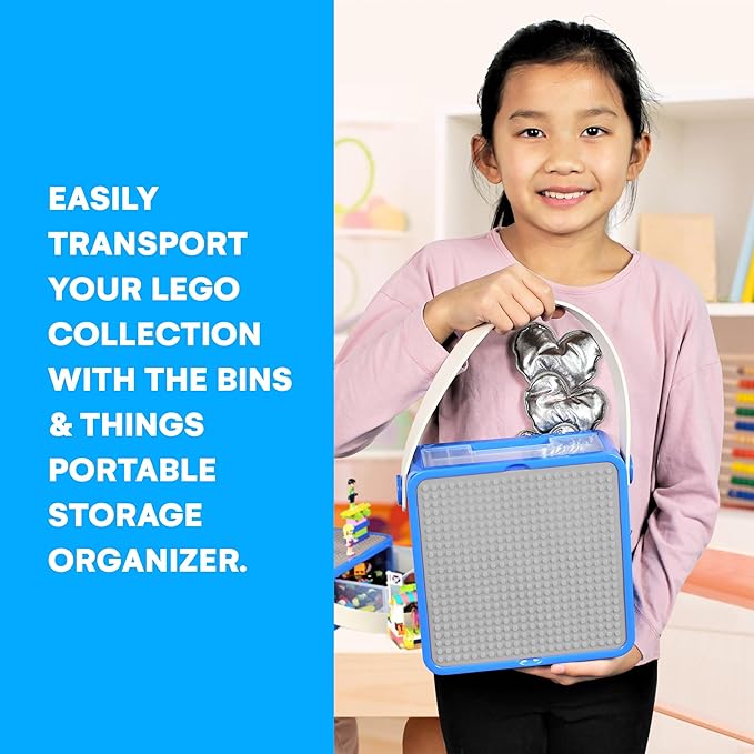 Bins & Things Storage Bin Organizer Box - Toy Storage Case for Building Blocks, Small Dolls and Accessories - Kids Toy Suitcase with Baseplate Lid - Mess-Free Organizer for Travel and Playroom