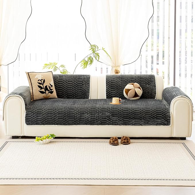 Plush Warm Sofa Covers Washable, Funny Fuzzy Couch Cover for Dogs Washable, Non-Slip Couch Covers for Loveseat, Soft Sofa Slipcover for Pet & Kid(1PC, Dark Grey, 36"×63", Loveaeat)