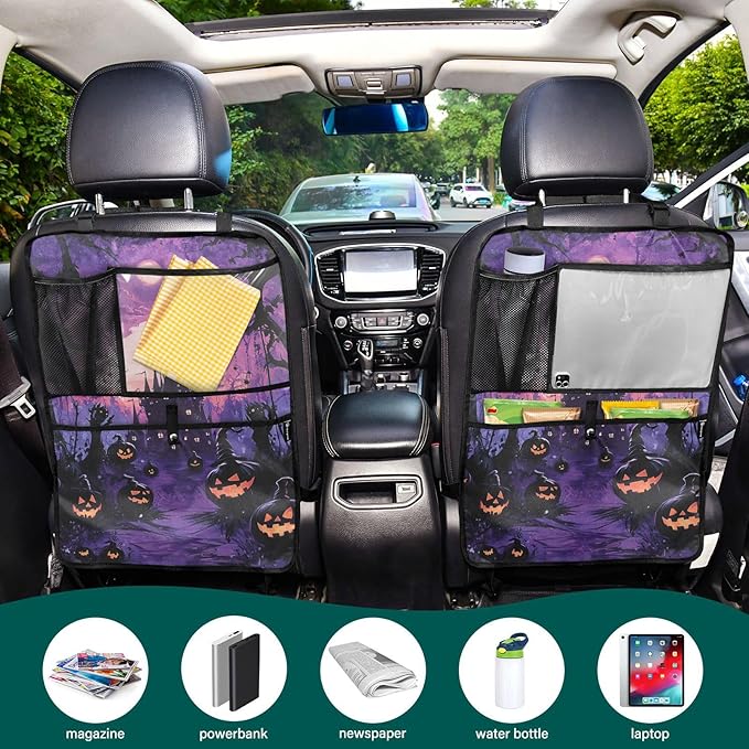 Purple Halloween Bat Pumpkin 1 Pack Backseat Car Organizer with Storage Pockets Seat Back Organizers for Kids Kick Mats Backseat Protector Automotive