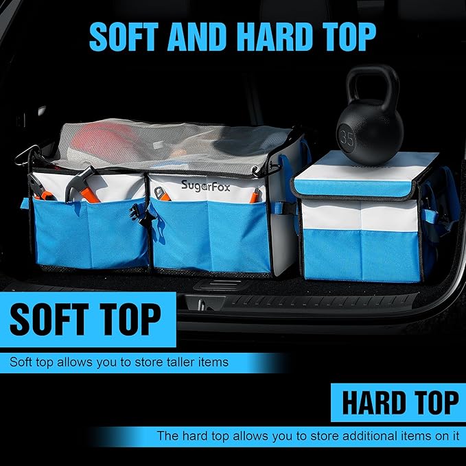 Car Trunk Organizer for SUV - 63L+26L Modular Storage, Heavy-Duty, Foldable Waterproof, Soft & Hard Covers, Non-Slip, Multi-Compartment, Blue M006