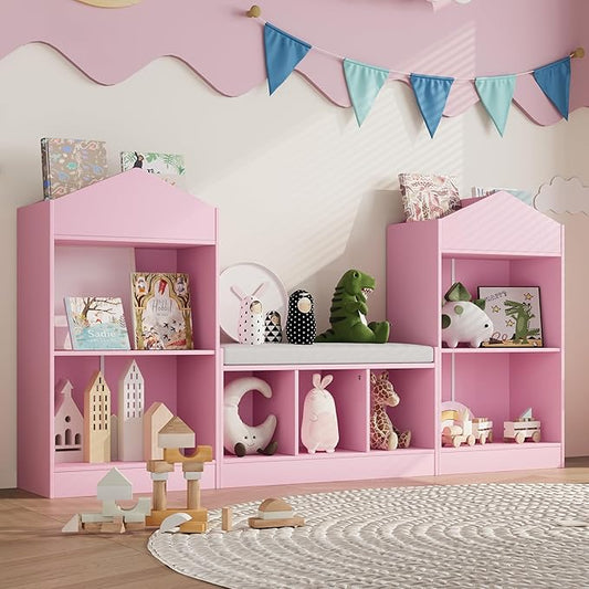 MHOM 68.9“ Kids Bookshelf with Reading Nook, Toy Storage Organizer with Seat Cushion and 7 Storage Cubbies, Wooden Kids Bookcase, Toy Organizers for Nursery, Playroom, Pink