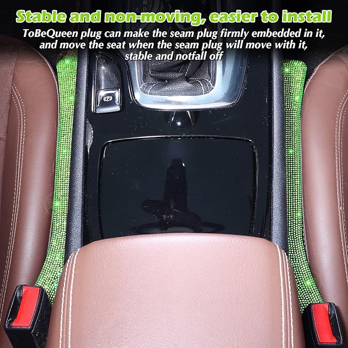 Briwill Green Bling Car Seat Gap Filler, Set of 2 Handmade Crystal Rhinestone Diamond Green Car Gap Filler Fit for Car Truck SUV Lime Green Bling Car Accessories(Grass Green)
