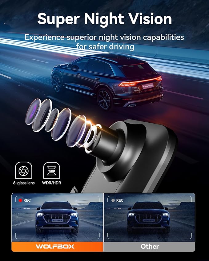 WOLFBOX G850 12" 4K Rear View Mirror Camera with 5.8GHz WiFi and Voice Control, Smart Mirror Dash Cam Front and Rear, Backup Camera with 1080P, Dash Cam with WDR, Includes 64GB Card & GPS
