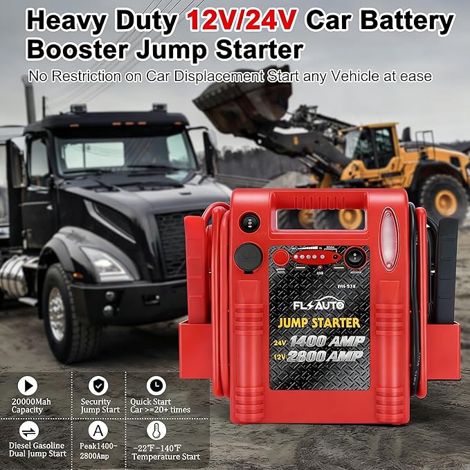 Car Battery Jump Starter - FlyAuto 2800/1400 Amp 12V 24V Heavy Duty Jump Box, Works with Truck Tractor Excavator Automotive Engine Starter Battery Charger Booster Jumper Box with USB/DC Power Unit