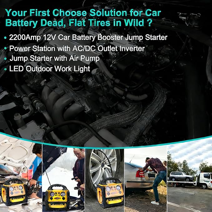 Jump Starter with Air Compressor 150PSI, Upgraded 2200A Peak 6 in 1 Portable Car Battery Booster, 12V Jump Box with 400W Inverter & AC/DC/USB Ports, for Up to 8.5L Gas/8.0L Diesel Engine