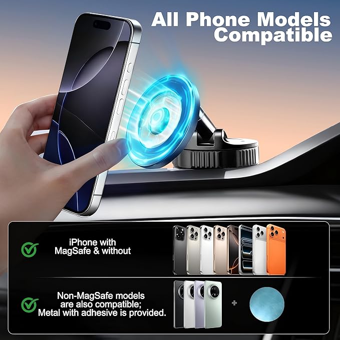 2026 Upgraded Vacuum Magnetic & Suction Phone Mount - Magsafe Car Mount, 20 Super Magnets, 360° Rotation - Foldable & Adjustable for Car/Gym/Mirror, Compatible with iPhone 17 & Android