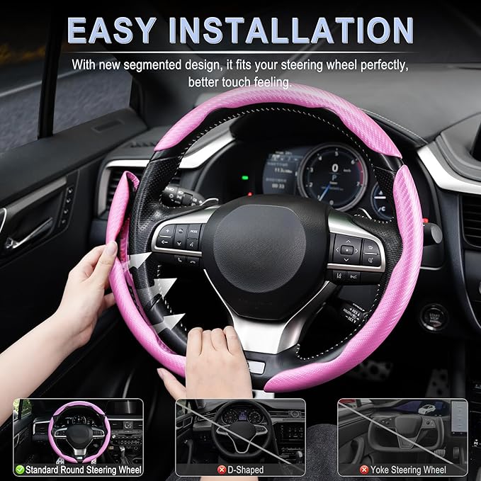 Amiss 3pcs Carbon Fiber Anti-Skid Steering Wheel Cover, Waterproof & Segmented Butterfly Design, Universal 99% Vehicle Wheel Cover Protector, Car Interior Accessories (Pink-3pcs)