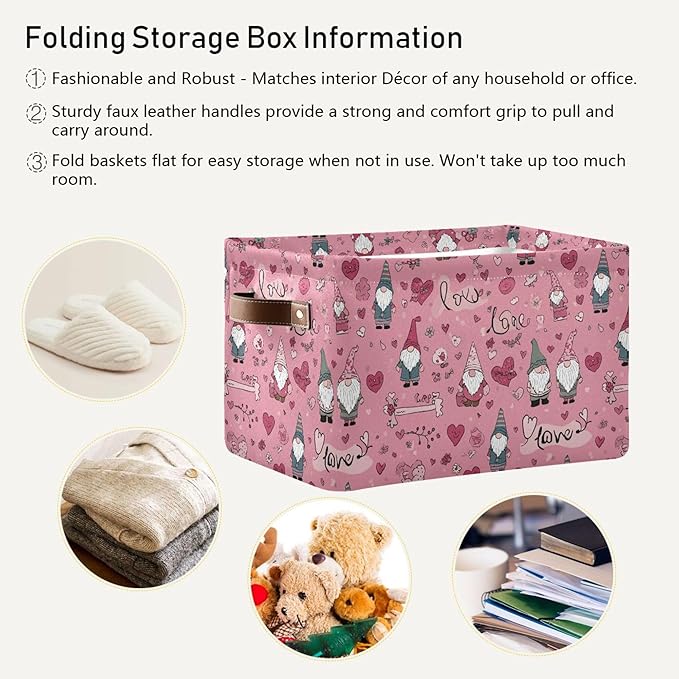 Happy Valentines Day Pink Storage Basket with Waterproof Liner and PU Handles Love Gnome Flowers Gift Storage Bins Boxes 14.2" Collapsible Decorative Organizer Baskets for Bedroom Closet Office 1 Pack