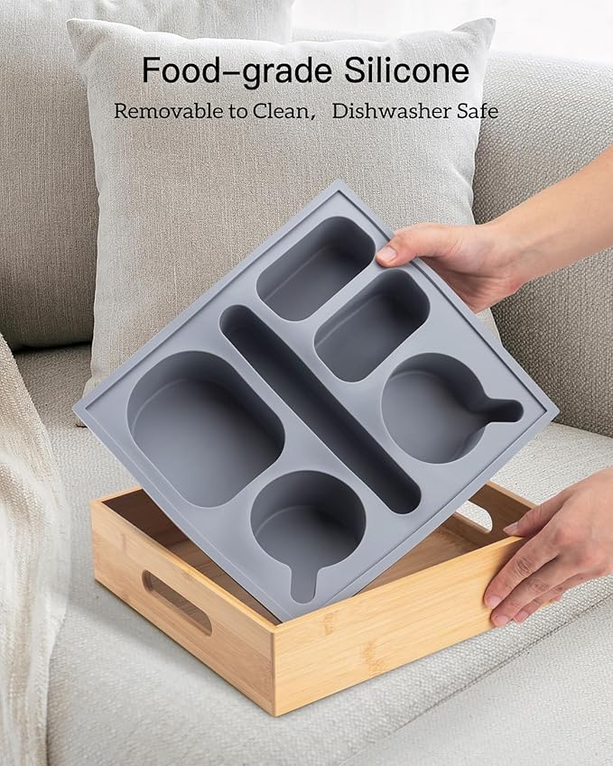 Couch Cup Holder with Lid, Silicone Bed Caddy with Cup Holder, Bed Organizer for Drinks, Snacks, Remotes, Bamboo Couch Caddy for Sofa, Bed and Car(Dark Grey)