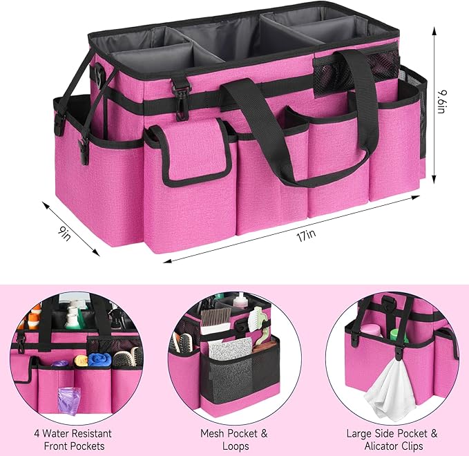 Cleaning Caddy Bag,Extra Large Cleaning Supplies Organizer with Handle for Housekeepers,Rose Red
