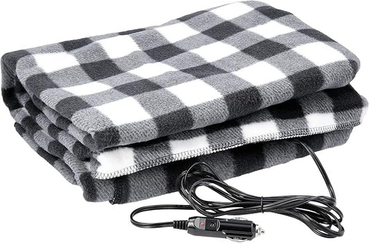 Heated Car Blanket - 12V Electric Travel Blanket for Car, Truck, SUV or RV - Portable Heated Throw for Road Trips, Camping or Winter Emergency Kit for Cold Weather Travel by Stalwart (Black Plaid)