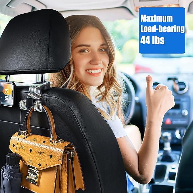 MTGOCHA Car Headrest Hooks Bling, 2 in 1 Purse Hook for Car Seat Hooks Rhinestone Purse Hangers Holder Universal Bag Hooks Bling Car Accessories for Women 2pcs, AB Bling