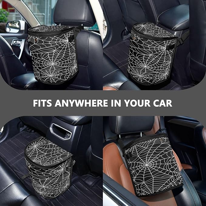 Halloween Gray Spider Web Car Trash Can with Lid Waterproof Leak Proof Car Trash Bag Car Garbage Can for Headrest SUV Truck