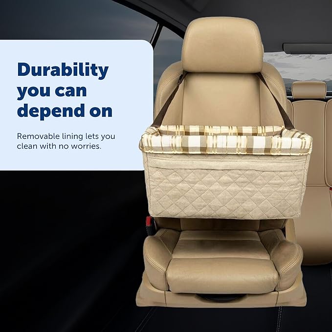 PetSafe Happy Ride Booster Seat for Dogs - Open Road Comfort - Safe Tether System - Zipper Pouch Dog Seat - Machine Washable Fleece Liner - Easy Install Design - Tan - Up to 18 lb