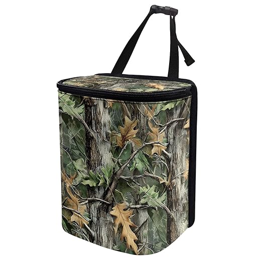 Camo Hunting Car Trash Can with Adjustable Straps Foldable Auto Garbage Can for Console Front Rear Seat Woodland Forest Tree Trash Bin for SUV Van Sedan Truck
