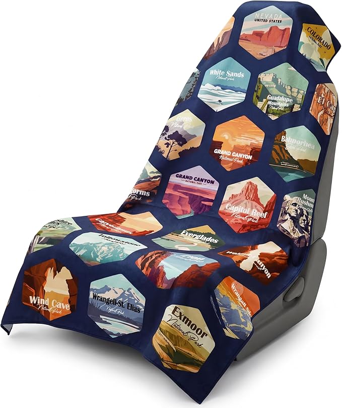 Hahafelt 1 Pack Car Seat Towel Covers with Storage Bag 63 x 32 Inch Athletic Running Towel Seat Sweat Washable Non Slip Cover Gift for Car Outdoor Sport Activities (Multi National Parks 1)