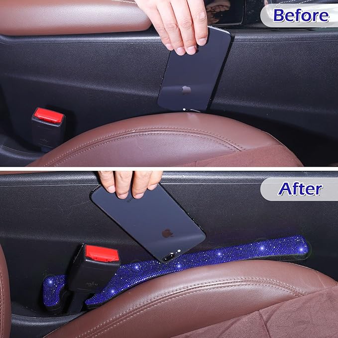 Briwill Bling Blue Car Seat Gap Filler 2 Pack Handmade Crystal Rhinestone Diamond Blue Gap Filler for Car SUV Truck Blue Bling Car Accessories for Women(Blue)