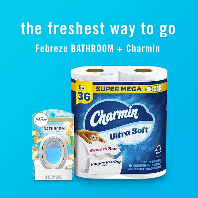 Febreze Bathroom Air Freshener, Odor-Fighting, Plug In Alternative, Air Fresheners for Small Spaces in Home, Bathroom, Kitchen, & Closet, Pet & Litter Box Odor Fighter, Refresh & Energize Scent, 4ct