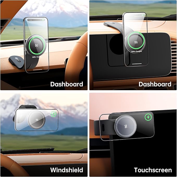 GUSGU Mount3 Magnetic Car Phone Holder Charger, 15W Fast Charging for Magsafe Car Mount Charger, Universal for All Car Models, Compatible with iPhone 16/15/14/13/12 and All Other Phone Models.