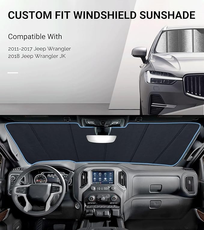 Pigenius Windshield Sun Shade for Jeep Wrangler 2011-2017, Wrangler JK 2018 Window Sunshade - Metallic