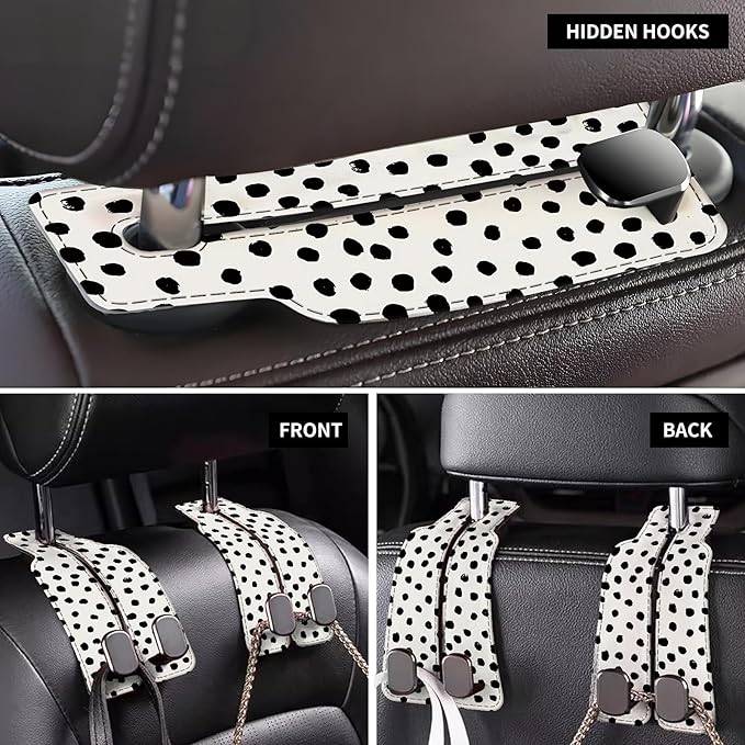 Car Seat Back Storage Headrest Hook, Premium Leather Double Metal Hook, Hanger Storage Organizer for Purse Cloth Bag, Car Interior Accessories Black White Polka Dots
