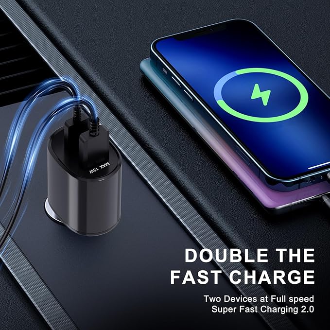 Super Fast Dual Car Charger (45W+15W) Dual Ports USB-C & USB-A White 6.6ft Cable for Samsung S25 S24 S23 S22- Black