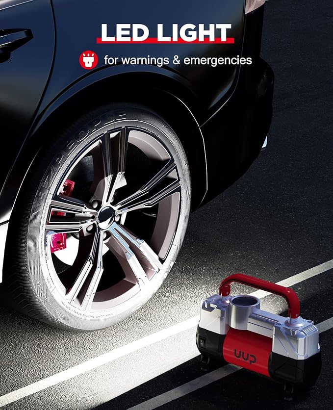UUP Tire Inflator Air Compressor, 150PSI 12V DC Double Cylinders Heavy Duty Portable Air Pump w/Emergency LED Light for Truck, SUV, Car, RV (red)