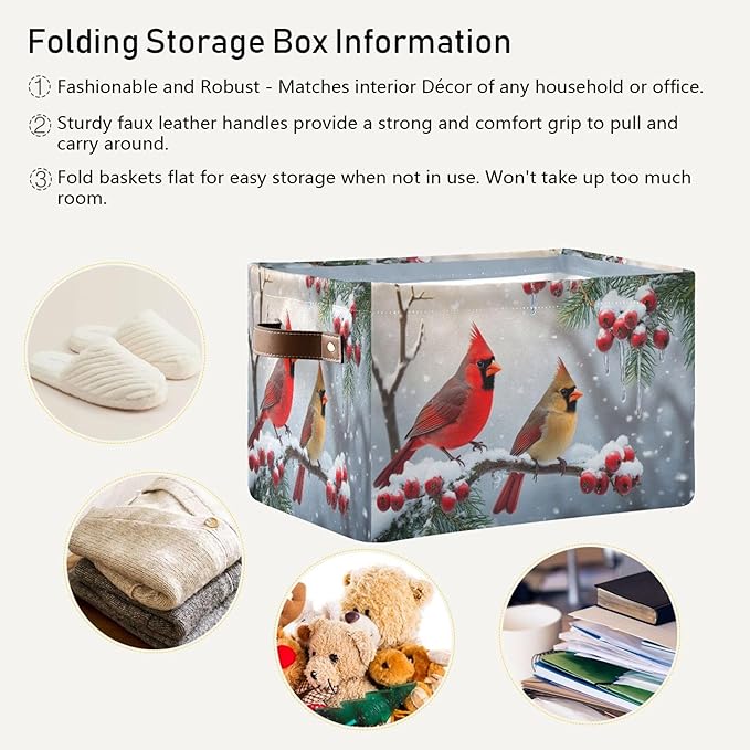 Winter Cardinal Birds Snow Storage Basket Fabric Laundry Baskets Christmas Tree Holly Berry Branches Storage Boxes Organizer Bag for Baby Cloth Dog Toy Book Storage Cubes Shelf Closet Bins 16×12×8