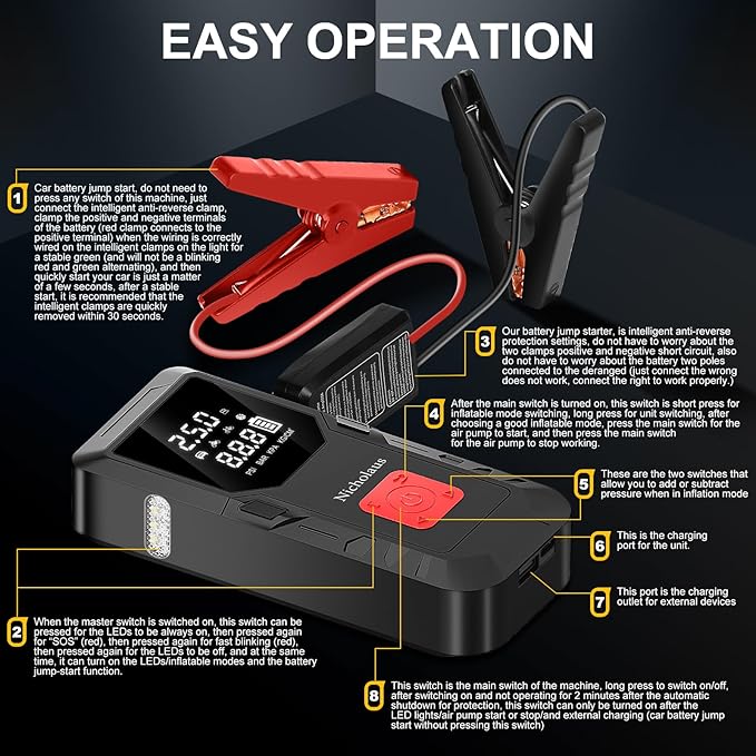 12 V Car 8000 mAh Battery Jump Starter 2800A with 150psI Air Compressor, Compact and Practical Edition QB08L Safe Smart, Portable Jump Box and Charger for 6.0L Gas and 3.0L Diesel Engines.