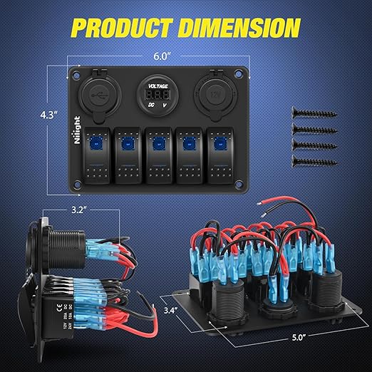 Nilight 5 Gang Rocker Switch Panel Pre-Wired Aluminum with PD Type C and USB Cigarette Lighter Socket Voltmeter 12V 24V ON Off Toggle Switches for Car Trucks Boats RVs
