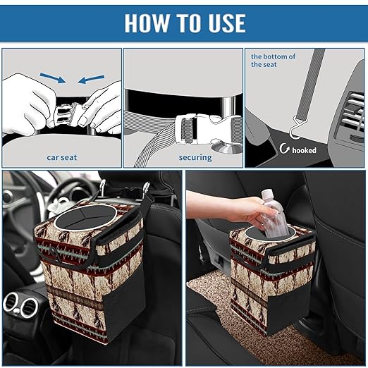 Car Trash Can with Lid Western Cowhide Aztec Collapsible Reusable Leak-Proof Auto Garage Bag,Hanging Vehicle Car