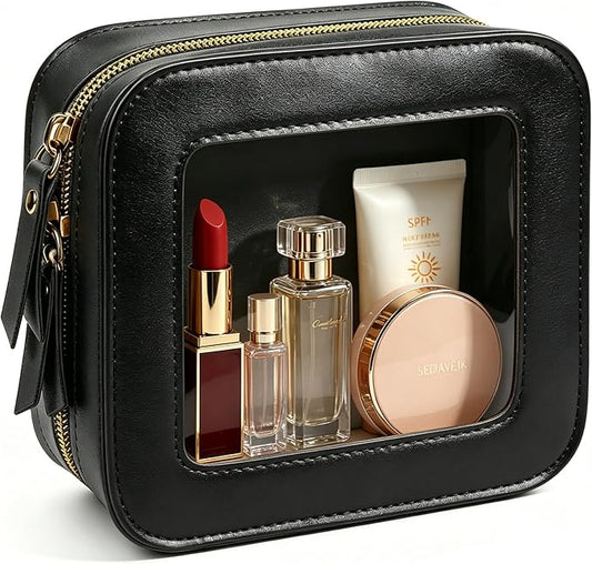 2 Pcs Clear Makup Bag Set, Clear Cosmetic Bags with Zipper Waterproof Small Travel Cosmetic Case Cute Make Up Pouch Mini Car Essentials for Women Travel Car Organizer (Mini Black)