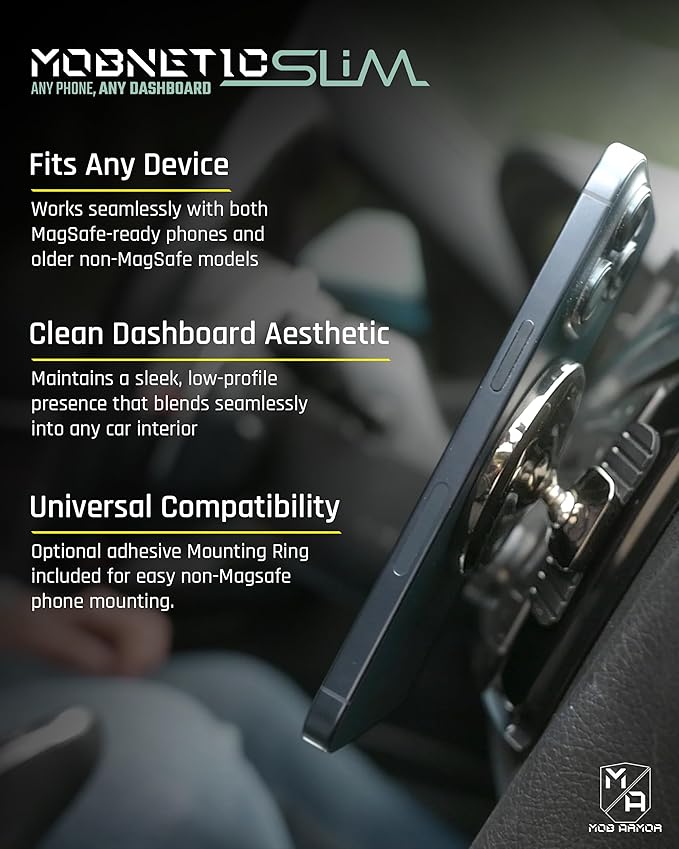 Mob Armor Slim Mount MS - Magsafe Car Mount, Magnetic Cell Phone Holder, MagSafe Car Accessories for Women & Men, Compatible with iPhones & Androids - Sleek, Industries Strongest Pull Force - Black