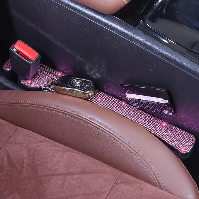 Briwill Pink Car Seat Gap Filler, Set of 2 Pink Bling Car Gap Filler Universal Fit for Car SUV Truck, Handmade Crystal Rhinestone Diamond Pink Bling Car Accessories for Women(Pink)