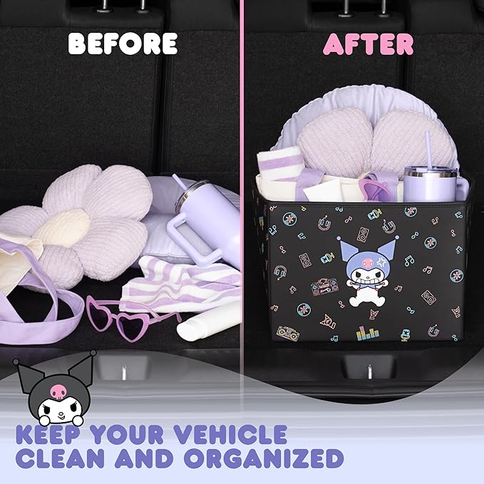 Sanrio Kuromi Car Trunk Organizer, Steering Wheel Cover, Air Freshener & Refill – Cute, Collapsible, Heavy-Duty Storage & Car Accessories for Groceries, Tools, Travel – 12.5"L x 12.5"W x 9"H