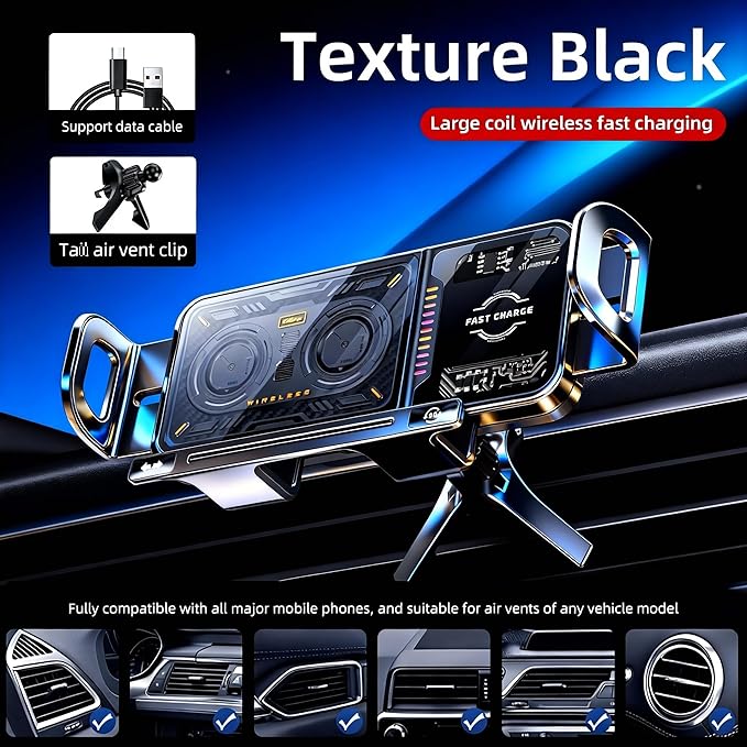 Wireless Car Charger, 2026 Upgrade 15W Fast Charging with LED Light Auto Clamping Phone Holder for iPhone 16/15/14/13 Mini Pro Max, Samsung Galaxy S25 Ultra, S24/S23 etc (Black)