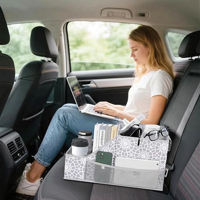 Easi Foldable Car Seat Organizer With 12 Storage Compartments 2 Metal Cup Holders, 1 Pack Back Seat Car Organizer For Car Accessories, Front Seat organizer For SUV Truck Van Sedans, Print