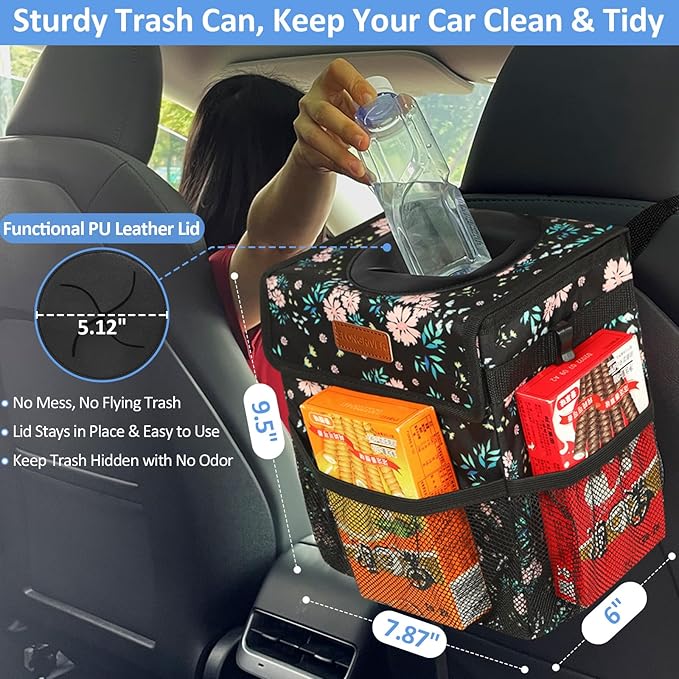ELONGRIVER Car Trash Can Bin for Back Seat Leak Proof, Cute Car Trash Bag Hanging, Vehicle Trash Can for SUV Truck Van, Automotive Garbage Cans Front Seat Colorful Floral, 2 Gallons