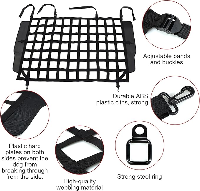 G Dog Barrier Rear Cargo Net Compatible with Jeep Wrangler Accessories JK JL Unlimited Sahara 4-Door 2007-2025, Safety Mesh Pet Divider for Medium, Large Pets, Easy to Install