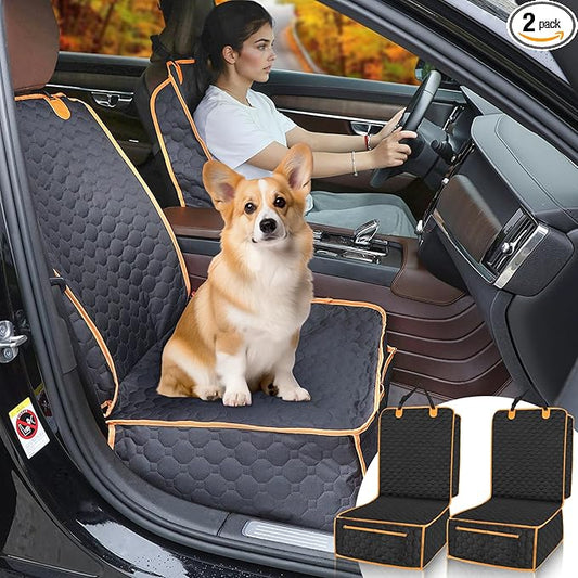 2 Packs Front Seat Car Cover, Waterproof Dog Car Seat Cover, Non-slip & Scratch-Proof, Pet Car Seat Protector with Side Flaps and Storage Pocket, Car Seat Cover for Most Cars, Trucks and SUVs